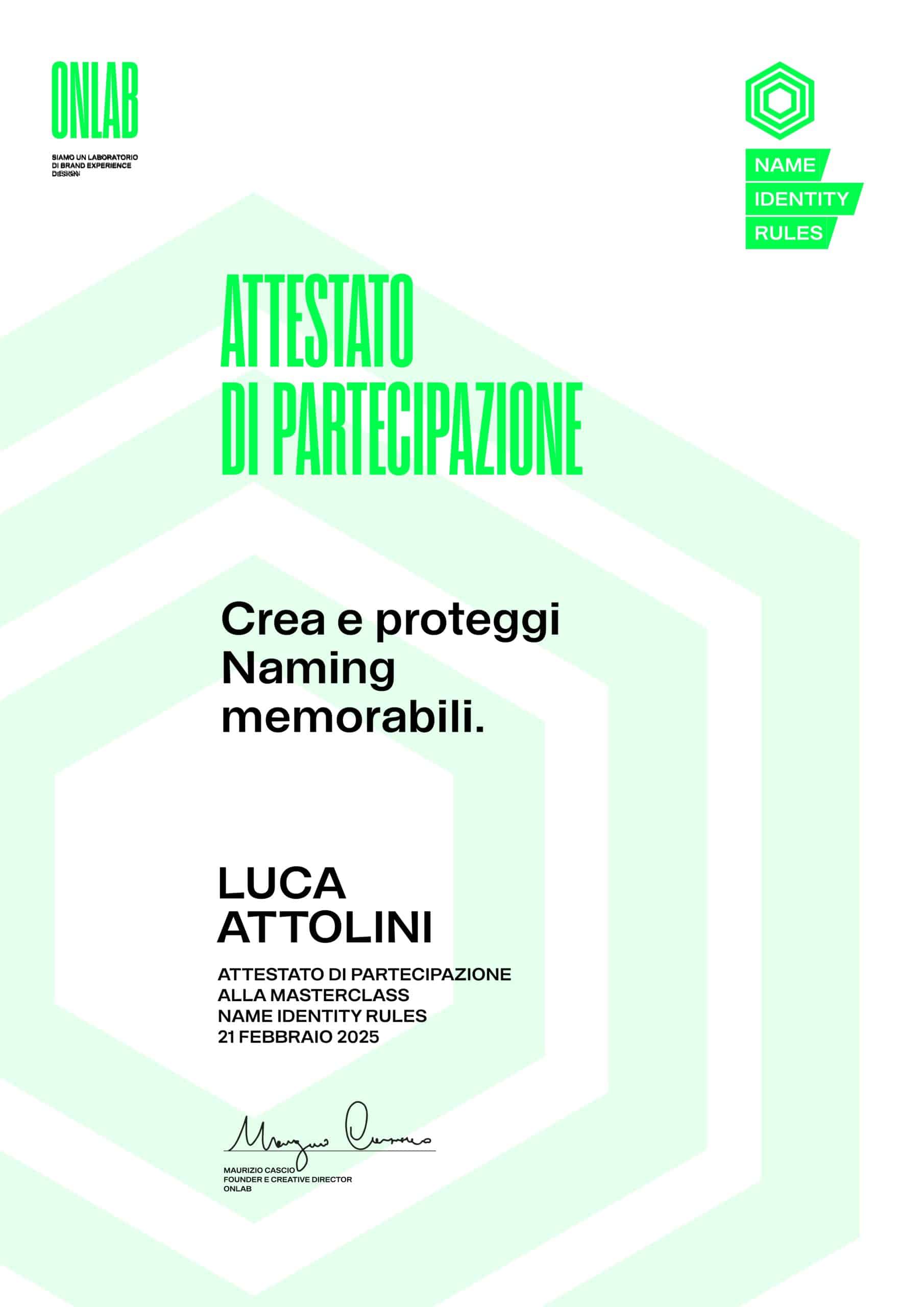 Attestato Brand Naming Marketers 2025 - Luca Attolini