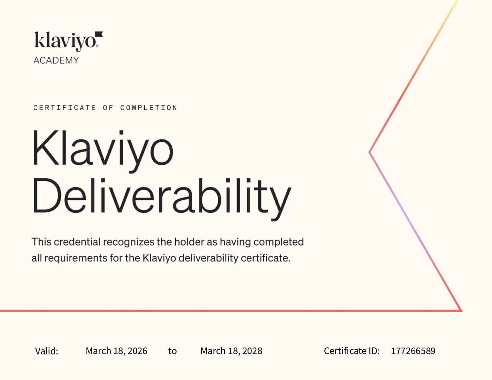 Certificato Luca Attolini Consulente Email Marketing Klaviyo Deliverability