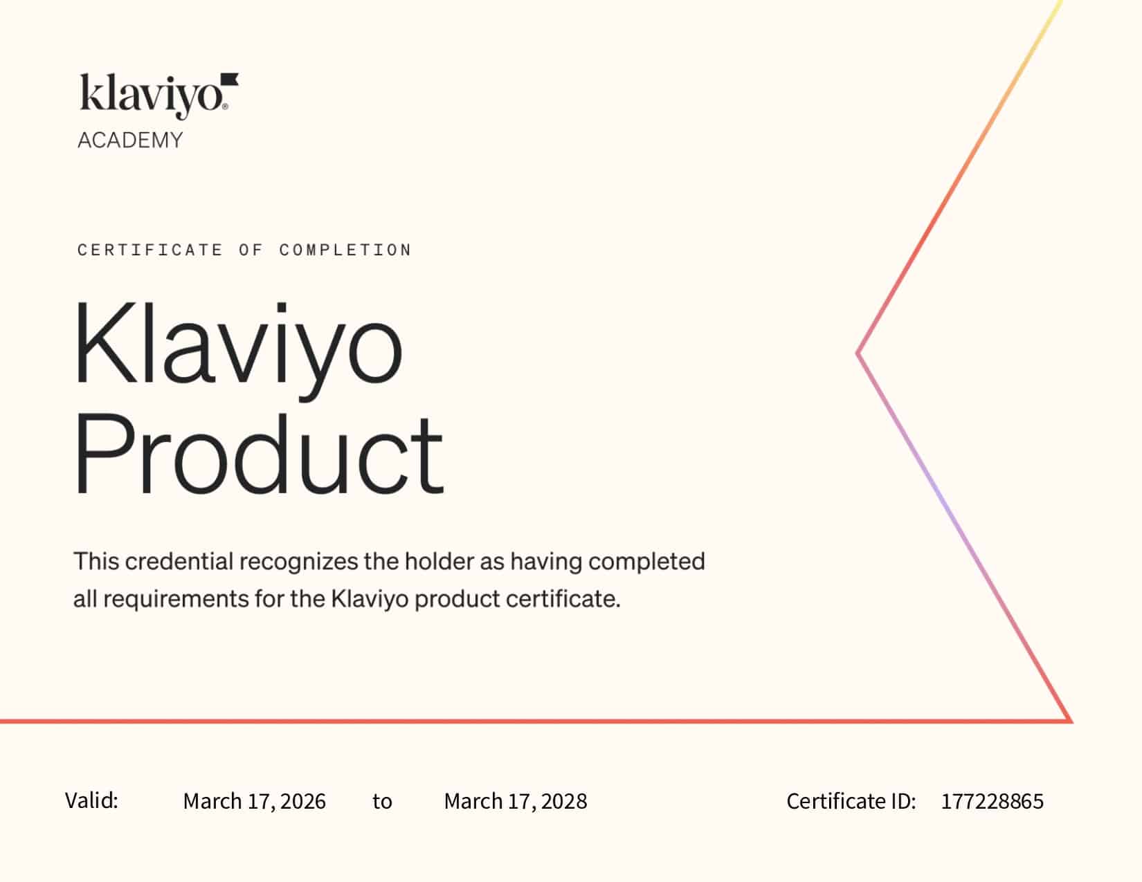 Certificato Luca Attolini Consulente Email Marketing Klaviyo Product