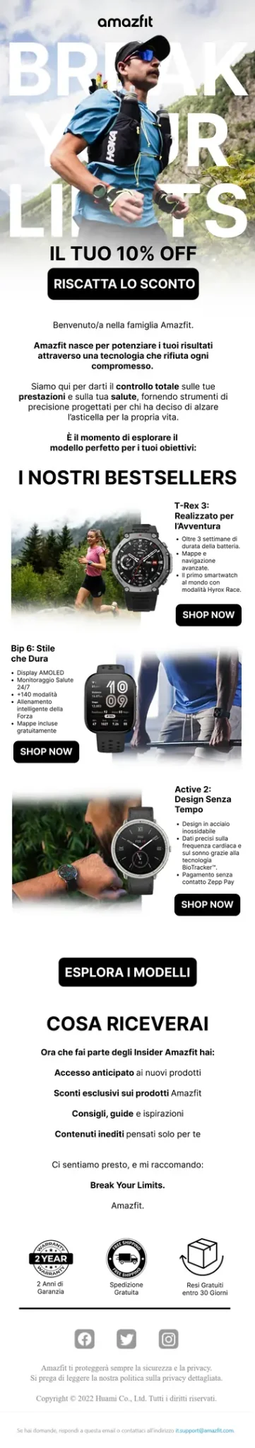 Design email Amazfit: welcome con sconto sulla prima collezione