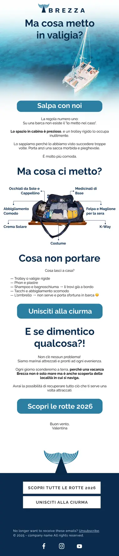 Design email Brezza: cosa mettere in valigia per la vacanza in barca