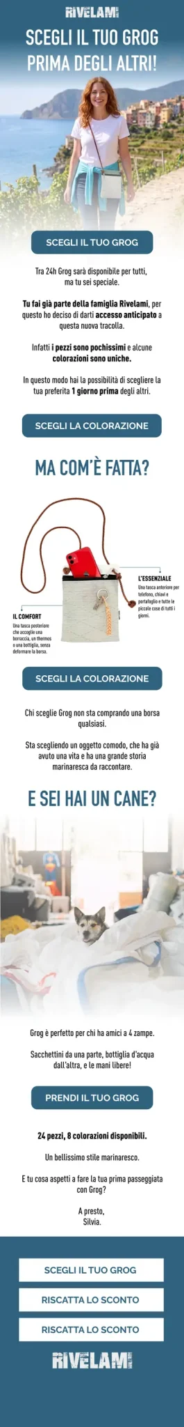 Design email Rivelami: accesso anticipato al lancio della borsa Grog