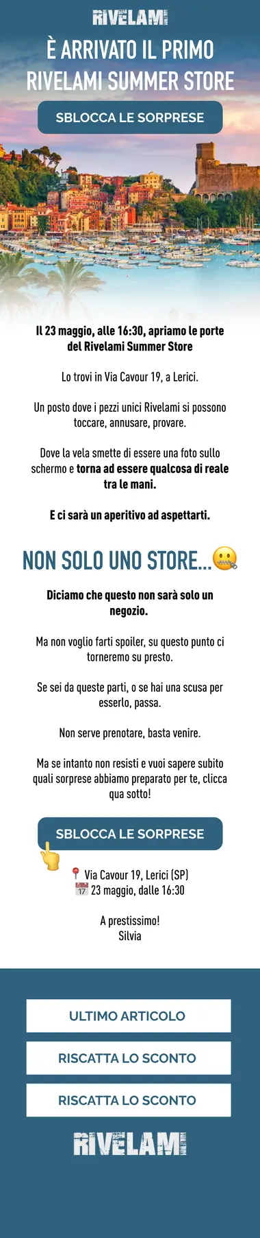 Design email Rivelami: apertura del Summer Store