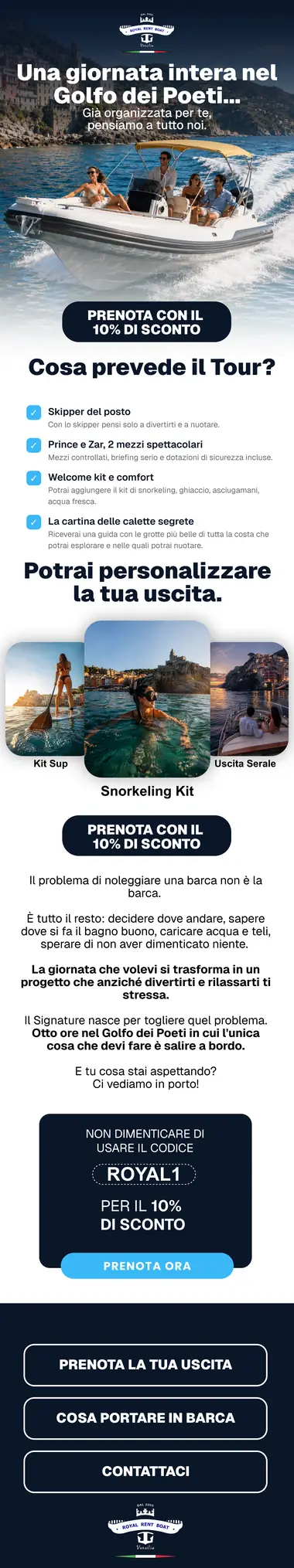 Design email Royal Rent: una giornata di noleggio nel Golfo dei Poeti