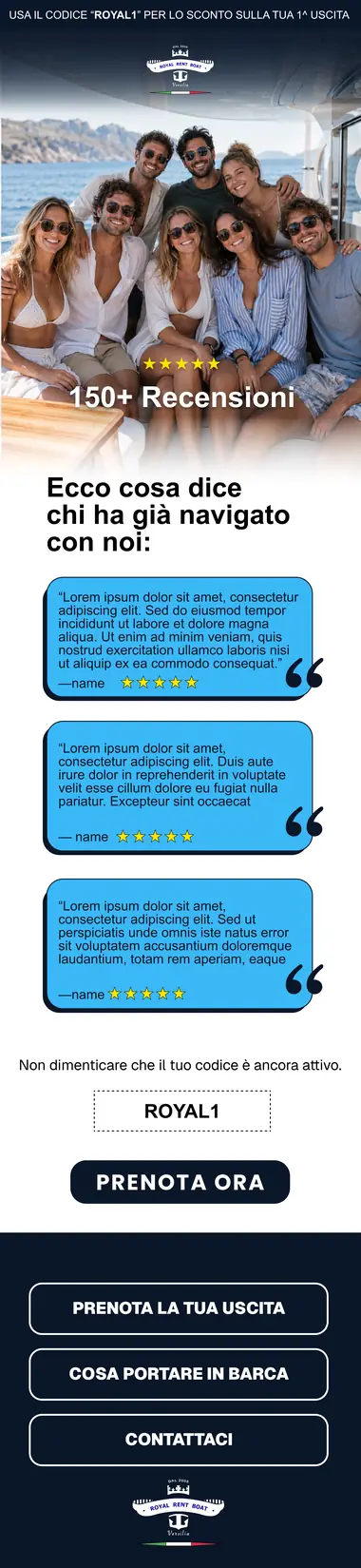 Design email Royal Rent: prova sociale con oltre 150 recensioni